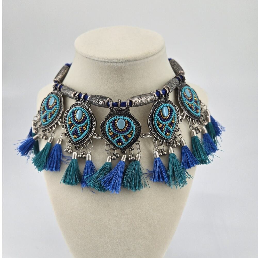 Boho Beaded Festival India Afghan Silver Tone Tassel Adjustable Choker Necklace